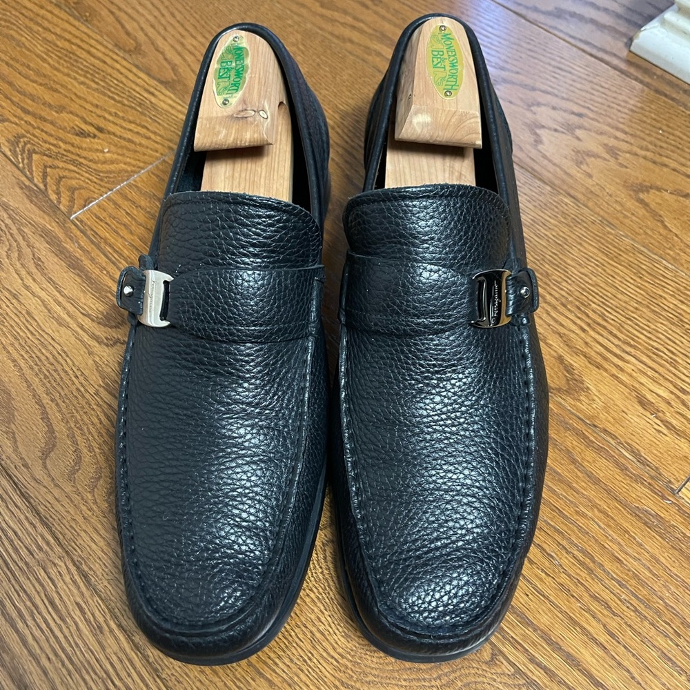 Salvatore Ferragamo Black Textured Leather Loafers